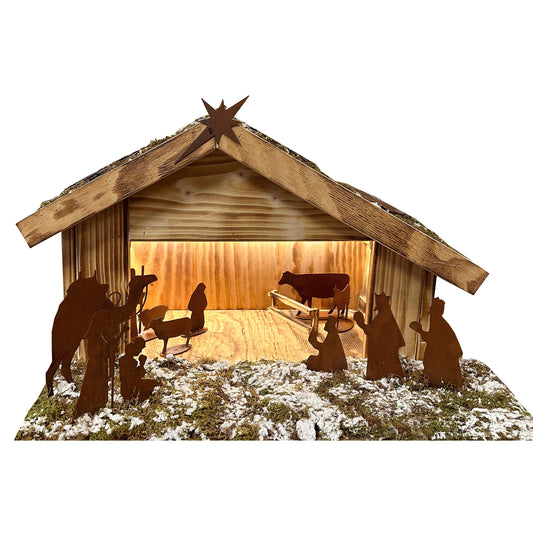 Weihnachts Krippe 'Betlehem' im Set | inkl. LED Beleuchtung | schlichter Holzstall | 8 fest montierte Figuren aus Edelrost | B 60 x T 50 x H 40 cm | Made in Germany