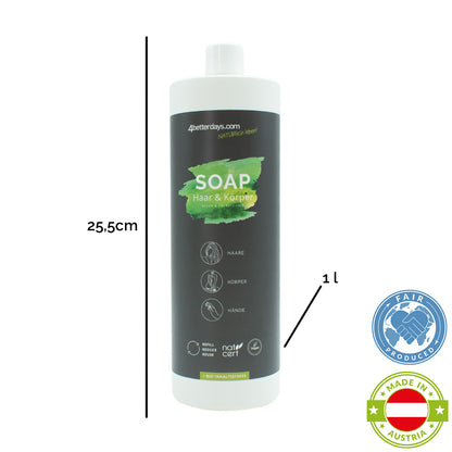 Naturliche Seife für Körper, Haar & Hände | Refill-Reinigungspflege | für Groß und Klein | Nachfüll-Spender | 1 Liter | Hergestellt in Österreich
