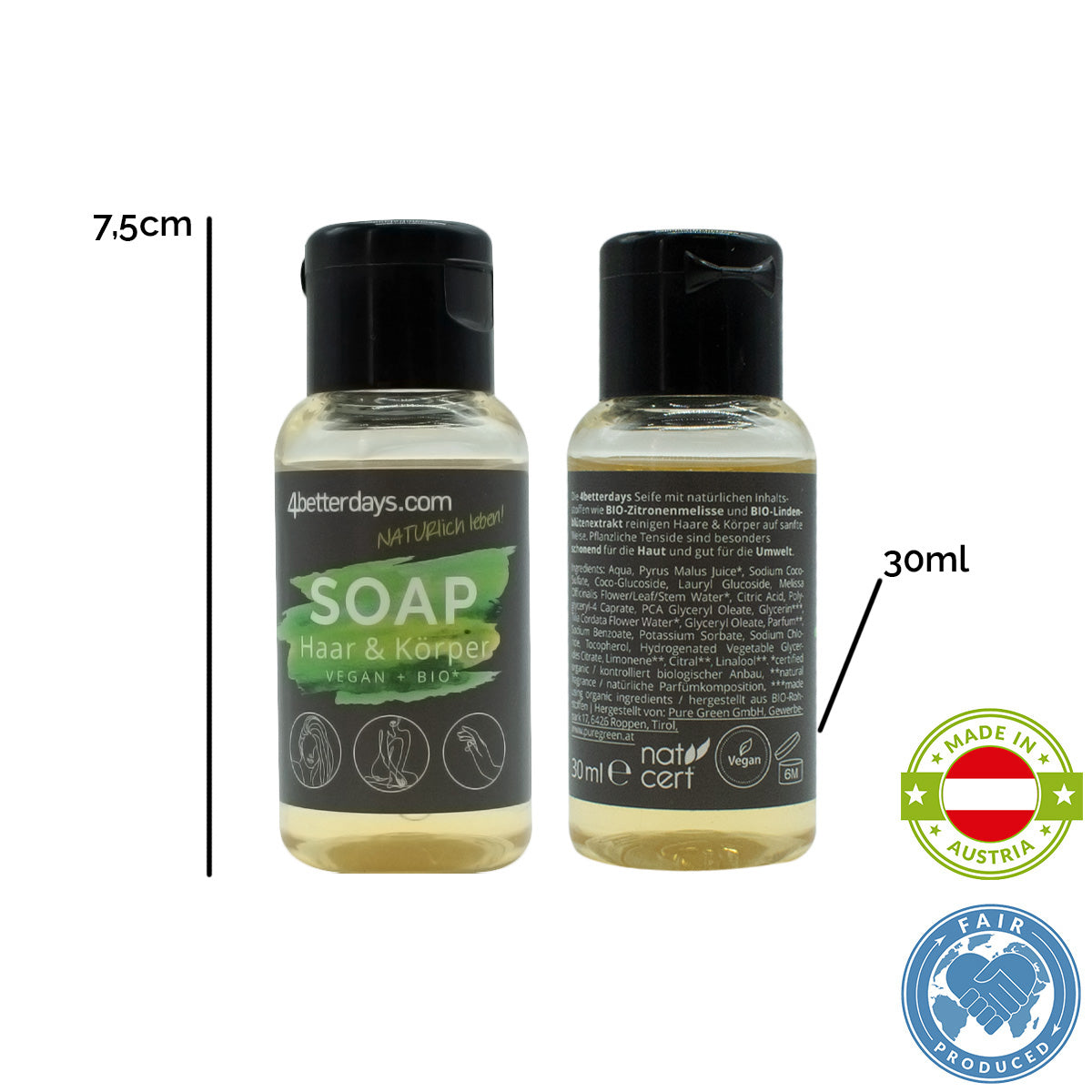 Naturliche Seife für Körper, Haar & Hände | Refill-Reinigungspflege | für Groß und Klein | Probe- und Reise-Spender | 30 ml | für Beauty Bag | Hergestellt in Österreich