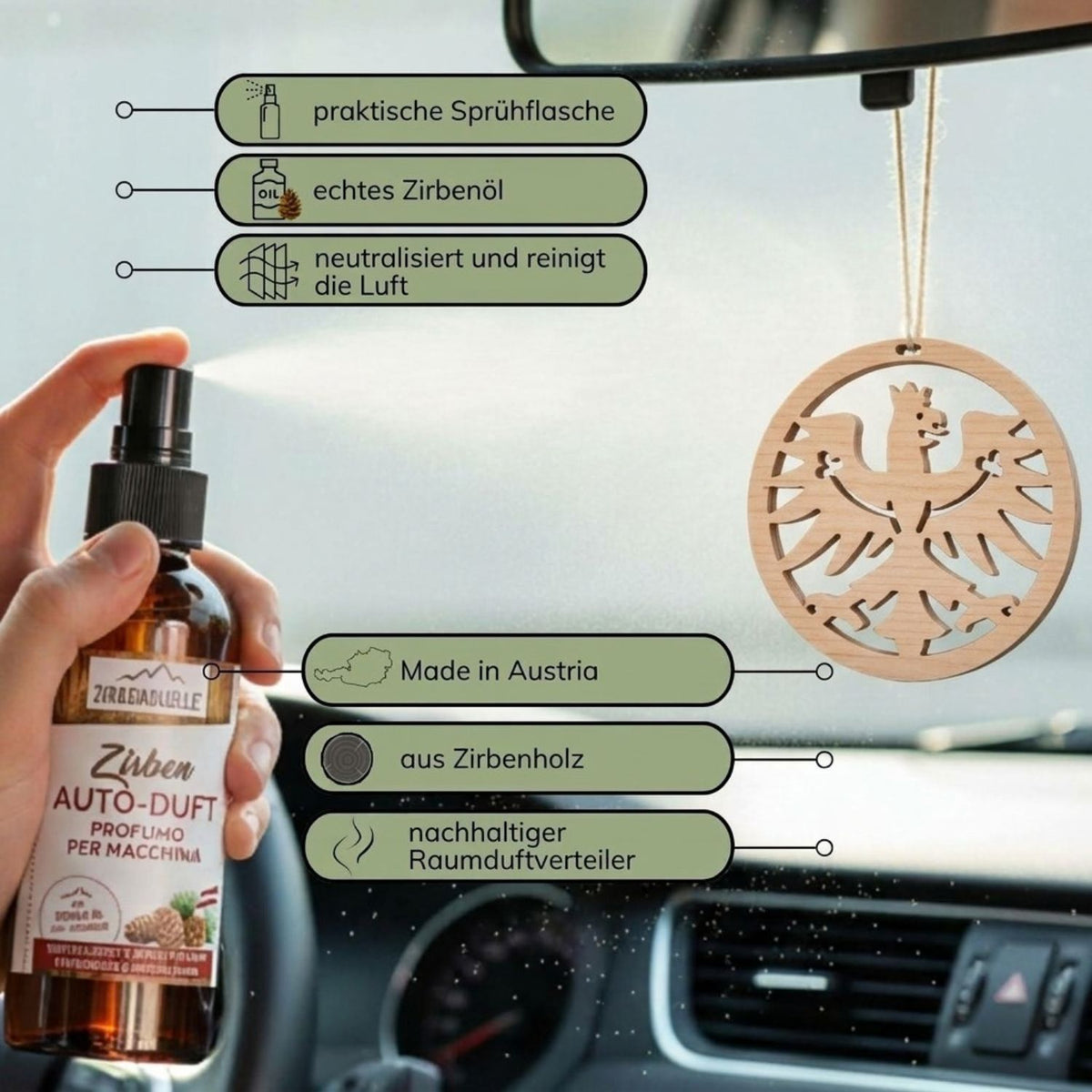 UaB Geschenk | Set ZQ Zirben Autospray + Anhänger 'Adler' | 30 ml | Flasche mit Defuser